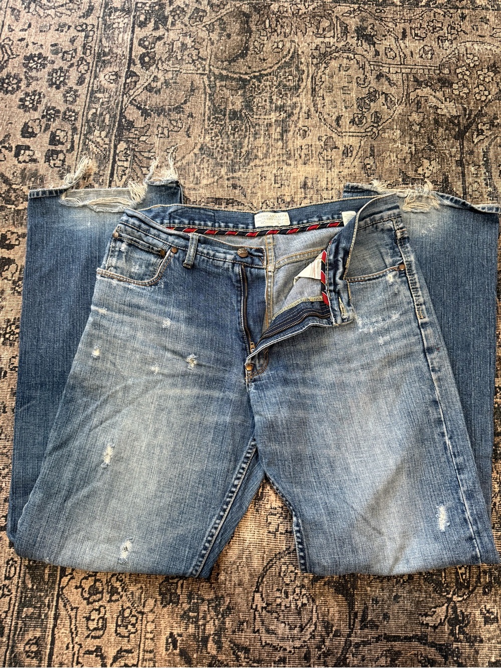 Y2K American Eagle Men’s Jeans 34x34 Blue Distressed Denim Embroidered Pockets